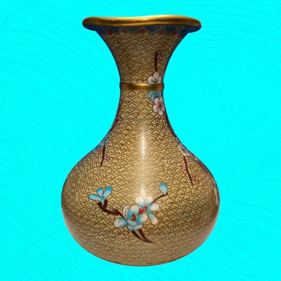 Vintage Asian Cloisonne Vase Bottle Bird Cherry Blossoms 9" Tall READ - Picture 3 of 11